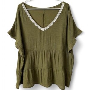 Emery Rose Tiered Flowy Blouse Lace Detail Neckline Size 3XL Lightweight Olive